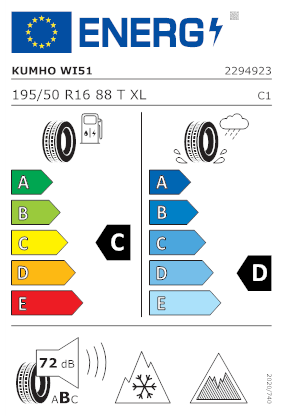 Etichetta per gomma: KUMHO, WI51 XL ICE 3PMSF 195/50 R16 88T Invernali