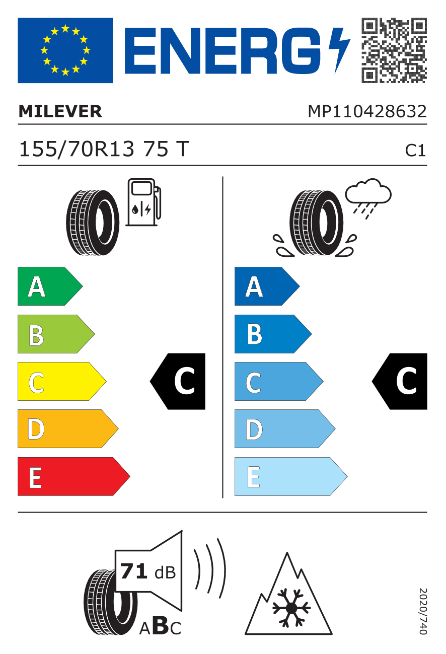 Etichetta per gomma: MILEVER, WINTER MAX-U1 MW655 155/70 R13 75T Invernali