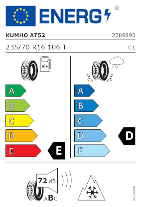 Etichetta per gomma: KUMHO, ROAD VENTURE AT52 235/70 R16 106T Quattro-stagioni