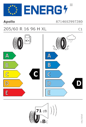 Etichetta per gomma: APOLLO, ALNAC 4G XL 205/60 R16 96H Estive