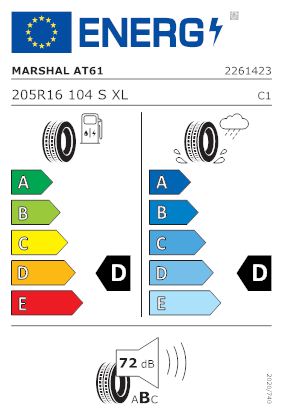 Etichetta per gomma: MARSHAL, AT61 205/ R16 104S Estive