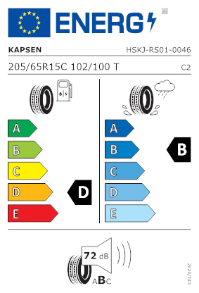 Etichetta per gomma: KAPSEN, DURABLEMAX RS01 205/65 R15 102T Estive